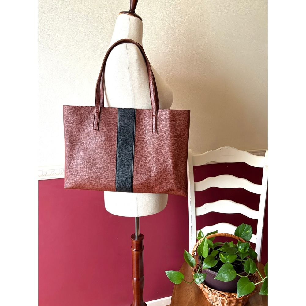 Vince Camuto Vegan Pebbled Leather Luck Tote Brown Black Minimalist Casual Work